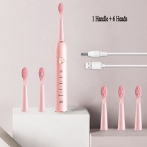 소닉 전동 칫솔 usb 충전식 5 모드 초음파 자동 브러시 타이머 방수 치과 브러시 치아 미백, 핑크 6 헤드