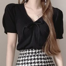 ceril 라인 리본 하프 블라우스 티