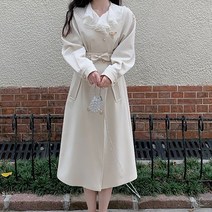 JUSTFEELING 여성 허리밴딩 롱 H라인 레이스 카라 트위드 원피스
