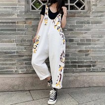 패션 레터링 프린트 패치 데님 멜빵바지 여성 썸머 배기팬츠