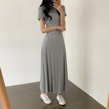 더핑크 / [더핑크] 뚜앙 반목 골지 슬림 반팔 롱 원피스