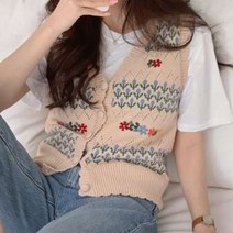 여성 봄 니트 뷔스티에 크롭 예쁜 꽃무늬조끼 코바늘 뜨개 핸드메이드 베스트 조끼