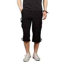 Cargo Shorts 남성용 3/4 카프리 반바지 무릎 아래 면 캐주얼 긴 안쪽 솔기 운동용 멀티 포켓 포함(벨트 없음) 1219# 옐로우 올리브 33