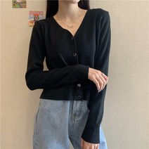 오버클래쓰 여성 크롭 브이넥 니트 가디건 심플 데일리 무지 기본
