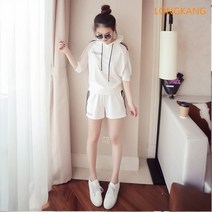 LONGKANG 여자 여름 반팔 운동복 여성 캐주얼 트레이닝 세트 투피스 여름 상하의세트 여자 후드티 반바지 세트 여자 트레이닝복 세트