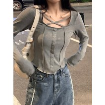 DFMEI 쇄골 날씬해 보이는 숏 톱 여 가을 인테리어 몸통 긴팔 티셔츠 여