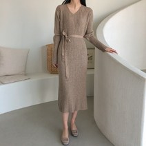 핑크아울 V넥 골지 롱원피스