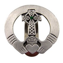 Fine Pewter Irish Claddagh Celtic Cross Auto Visor Clip with Green Accent 1 7/8 Inch