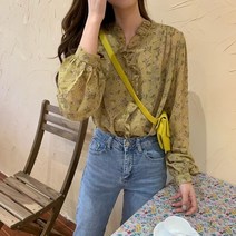 블라우스가을 스위트 슬림 쉬폰 블라우스 여성 퍼프 슬리브 탑 및 카디건 프린트 플로랄 셔츠 10314