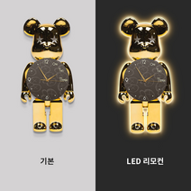 베어브릭 벽시계 무소음 LED 벽등 시계 거실 사무실 인테리어 소품 무드등, J 골드베어, 40x80, 기본(LEDx)