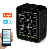 이산화탄소 복합가스 co2 가스 측정기 경보기 Tuya wifi 6 in 1 공기 품질 감지기 지능형 pm2.5 tvoc co2 ch2o 온도 및 습도 모니터 다기능, 와이파이 블랙