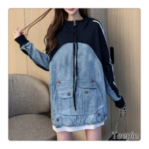 티피여 초봄 데님 패치 후드 루즈핏 캐주얼 상의