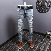 데미지 청바지 가을 트렌드 연한색 대미지 패치로 데님 바지남자 슬림 스트레이트핏 일자 스판 클래식 구제 896529803