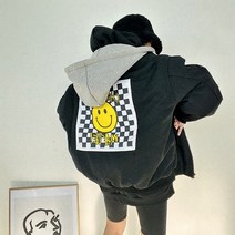 남녀공용 겨울스트릿 오버핏 스마일 체크패치 5온스 패딩 후드 항공점퍼