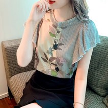 코카마니 여성 꽃무늬 도트 체크 날개 소매 예쁜 반팔 블라우스