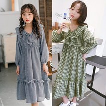 베이비소이 초등 키즈 주니어 그린 네이비 체크 여아원피스