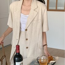 기타브랜드 네쥬 여성 여름 린넨 루즈핏 카라 벨트 반팔 자켓