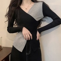 다온마켓 사선 배색 슬림 데일리 골지 V넥 니트 티셔츠