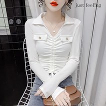 just feel!ng 셔츠 스트링 쇼트 티셔츠 여성 블라우스 빅사이즈 보이넥 긴팔티셔츠 3컬러