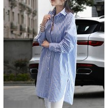 간절기 옆트임 세로 줄무늬 여자 긴셔츠 롱티 롱