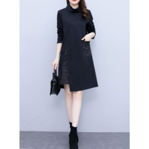 오르미Rr122 (L-5XL) 겨울 오버사이즈 두툼한 스웨이드 원피스 긴소매 여성복 터틀넥 미디 스커트