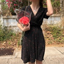 코지23 / 여자 브이넥 밴딩 체리프린팅 발랄한 여친룩 숏원피스