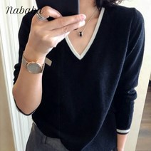 나바바 NK286 여성 단색 배색 포인트 브이넥 니트티