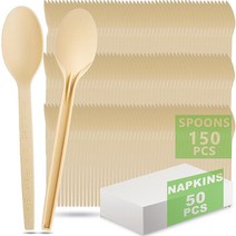 Huixin 200피스 퇴비화 가능한 스푼 150개(16.5cm(6.5인치)) 냅킨 50개 세트 100% 옥수수 전분으로 제작 플라스틱 나무 식기의 환경 친화적인 대체품