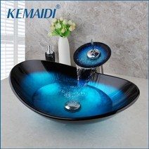 타일 인조대리석 세면대 탑볼 소형 타일부착세면대 kemaidi 카운터 탑 그릇 세면실 용기 믹서 블루 강화 유리 싱크 수도꼭지 세트, 없음