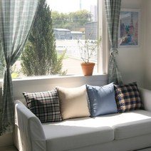 빈티지 오션블루 체크 무지 사각 쿠션 4colors, 커버+솜, 아쿠아체크