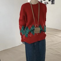 데이홀릭 여성용 가을 겨울 크리스마스 아가일 체크 루즈핏 긴팔 니트 스웨터 라운드넥