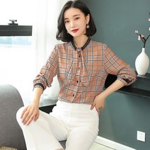 블라우스 상의 춘추룩 기품 여성 체크 긴팔 셔츠 차이나넥 블라우스 여 레깅스