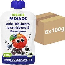 독일 FRECHE FREUNDE 6개월 사과 블루베리 커런트 블랙베리 아기 과일 퓨레 스퀴즈 파우치 6X100g, 4팩, 100g
