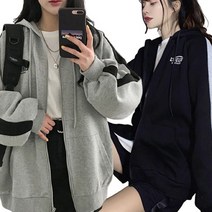 엘레스 여성점퍼 블랙+그레이 2장 기모 루즈핏 점퍼 후드집업 집업류