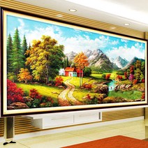 실십자수 도안 세트 풍경 집 시골 가을 봄 꽃 자연 고급 큰사이즈 대형, 생태 면실 178x84cm 네 가닥 자수