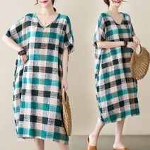 티티웍스 여성용 격자 무늬 복고풍 캐주얼 여름 반팔 롱원피스