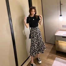 urkoteer 분위기 스커트 세트 여성 반팔 상의 쉬폰 데이지 A라인 스커트 투피스 AL-03293