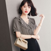SURBORT 샤인 화이트 체크 셔츠 이중 프릴 블라우스