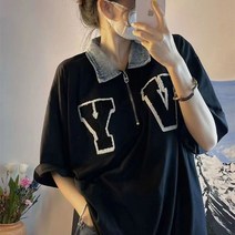 반집업반팔티 아메카지스타일 클래식 티셔츠 남성 여성 와이드 루즈핏 VY 자수 트렌드 데님 카라넥 4844024489, L사이즈, 블랙 데님 티셔츠