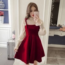우아한 a라인 o넥 상의 및 검정색 투피스 드레스 여성용 한국 스타일 봄