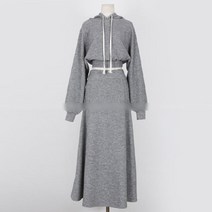 가을 후드 롱 스커트 투피스 세트 스웨터 하이 -웨이스트 치마 크롭후드 원피스 느낌