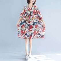 여행원피스 레드나시원피스 여름원피스 해외여행원피스 빈티지 민속 프린트 미디 드레스 여름 반소매 스플라이스 캐주얼 라운드 넥 스트레이트 세련된 여성 의류 2023