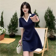 Momolatti여성 브이넥 배색 성베이직 A라인 롱 원피스