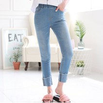 뉴클로 여성용 여름 포유 슬림 스키니지 롤업 포인트 데님 밴딩팬츠 [S5]