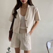 사자옷 여성 여름 반팔 카라 린넨 크롭 정장 자켓 반바지 세트
