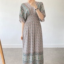에스닉 브이넥 스모크 밴딩 부드러운 레이온 여름 썸머 롱 맥시 원피스 바캉스룩
