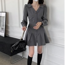 브이넥카라 플리츠 드레시 슬림핏 셔츠형 미니 원피스