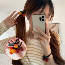 N팩토리 대용량 18개세트 과일 앵두 체리 리본 반올림 반묶음 포니테일 양갈래 헤어끈 고무끈 여자 머리끈