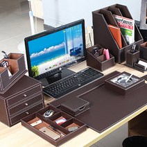 가죽 데스크오거나이저 고급 서류정리함 대표 임원용 데스크 연필꽂이 서류함 회사책상 꾸미기, 1-10. 3층 서류 받침 브라운