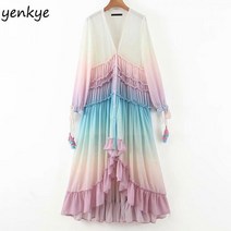 여러 가지 빛깔의 그라디언트 프린팅 긴 맥시 드레스 여성 브이 넥 긴팔 프릴 휴일 Boho 비치 a 라인 시폰